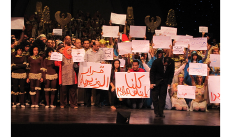 Nayer Nagui among cast of Opera Aida on main hall stage at Cairo Opera Aida, striking. (Photo: Ayman
