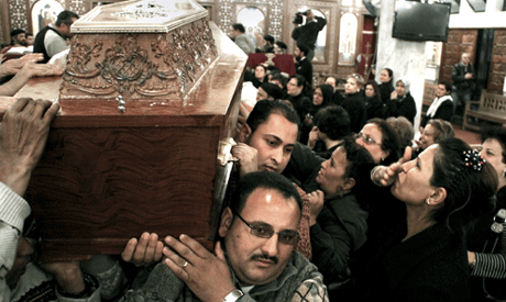 The coffin of a 71-year-old Christian man