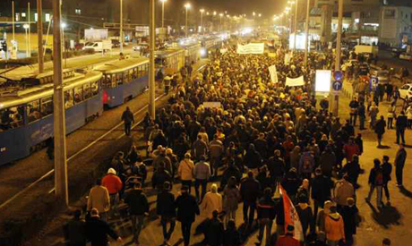 Anti-government protesters march through Zagreb, Thursday 10 March 2011. (AP)