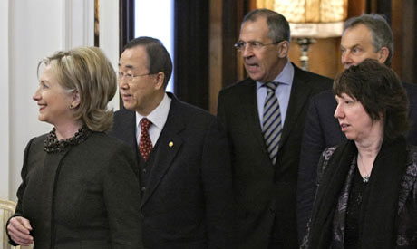 Middle East quartet members Hillary Clinton, Ban Ki-moon, Sergey Lavrov, Tony Blair and Lady Ashton