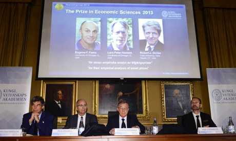 Nobel Memorial Prize in Economic Sciences as Eugene Fama, Lars Peter Hansen and Robert Shiller