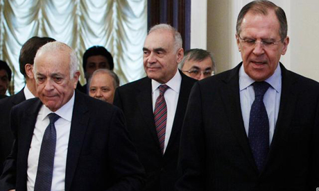 Russian Foreign Minister Sergei Lavrov and Arab League head Nabil Elaraby