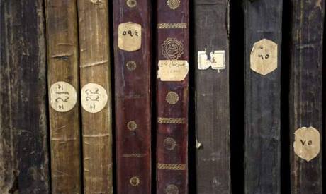 Old books are seen on a shelf in Gazi Husrev-bey library in Sarajevo