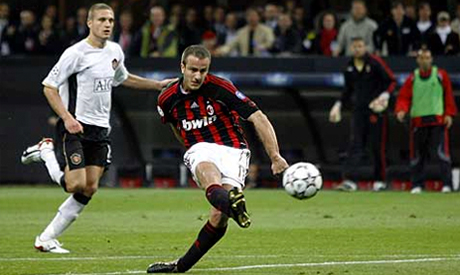 AC Milan striker Alberto Gilardino scores against Manchester United 