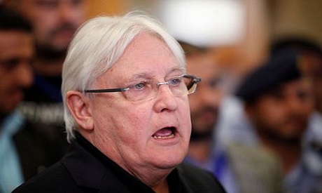 The newly appointed U.N. envoy to Yemen, Martin Griffiths, speaks to reporters upon his arrival at S