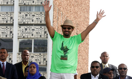 Abiy Ahmed waves to supporters 