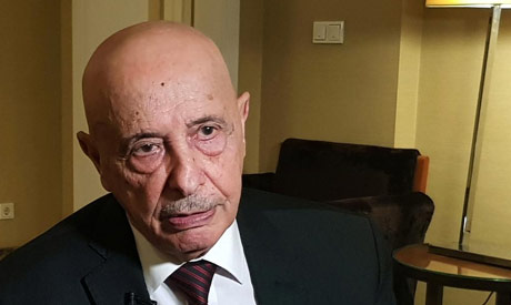 Aguila Saleh, Head of East Libya Parliament, speaks during an interview with Reuters in Cairo, Egypt