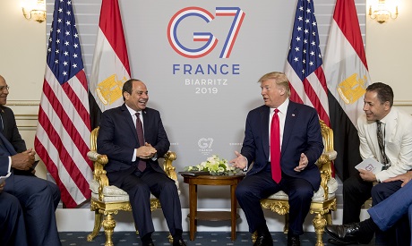 President Donald Trump and Egyptian President Abdel Fattah al-Sisi, left, participate in a bilateral