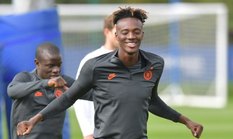 Chelsea striker Tammy Abraham trains with his teammates ahead of their Champions League match agains