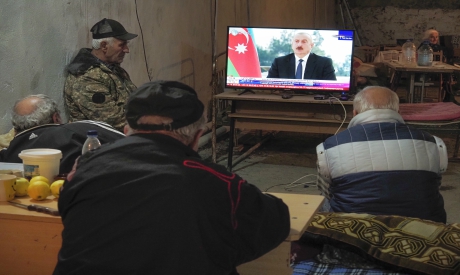 Armenians take refuge in a bomb shelter in Stepanakert, the separatist region of Nagorno-Karabakh
