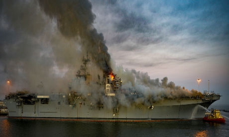 Fire on USS Bonhomme Richard naval shipat Naval Base San Diego