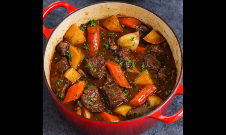 Beef cubes with baby onion, carrot and potato stew	