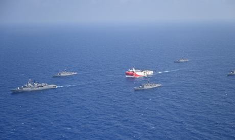 Turkish seismic research vessel Oruc Reis is escorted by Turkish Navy ships as it sets sail in the M