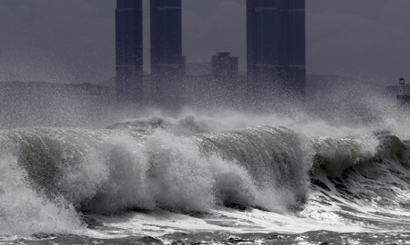 High waves crash onto Haeundae Beach in Busan, South Korea, Wednesday, Aug. 26, 2020, as Typhoon Bav