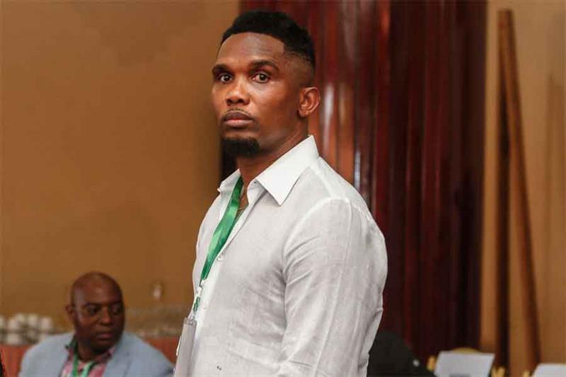 Samuel Eto o Fils (C), an ex-Cameroonian footballer, is seen during the election of a new president 