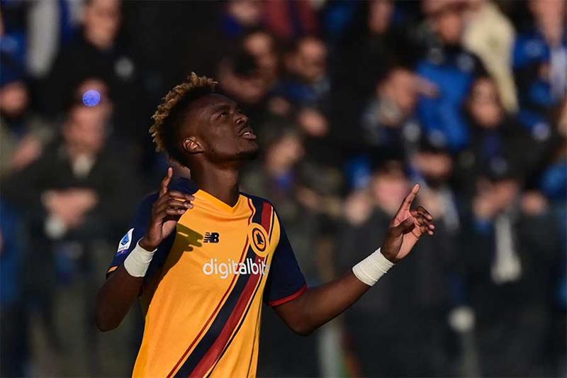 Roma s British forward Tammy Abraham celebrates after scoring during their Italian Serie A football 