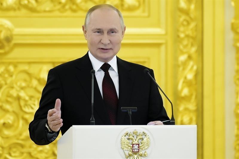 Russian President Vladimir Putin speaks during a ceremony to receive credentials from foreign ambass
