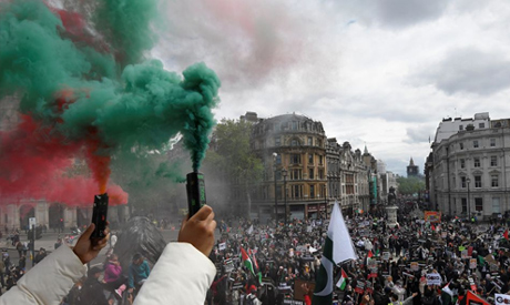 Pro-Palestinian demonstrators attend a protest following a flare-up of Israeli-Palestinian violence,