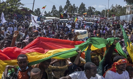 Ethiopian supporters attend an election rally of EZEMA opposition party May 22, 2021. AP  