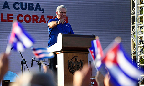 Cuban President Miguel Diaz-Canel speaks during an act of revolutionary reaffirmation in Havana, on 