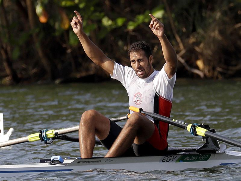 File photo: Egypt s Abdelkhalek Elbanna sits on his boat after the Men s Single Sculls Quarterfinal 