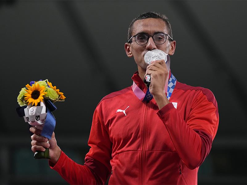 Ahmed Elgendy of Egypt celebrates on the podium during the medal ceremony for the men s modern penta