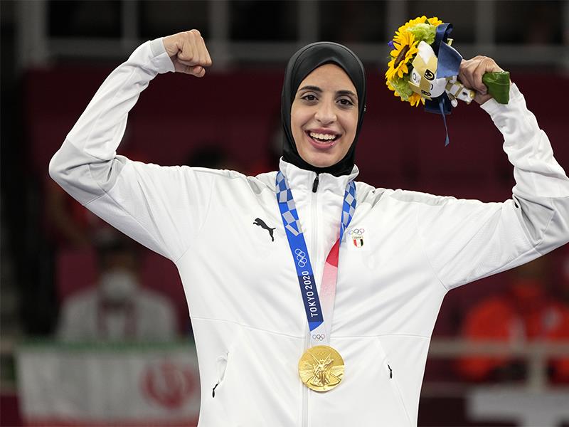 Gold medalist Feryal Abdelaziz of Egypt poses during the medal ceremony for women s kumite  61kg kar