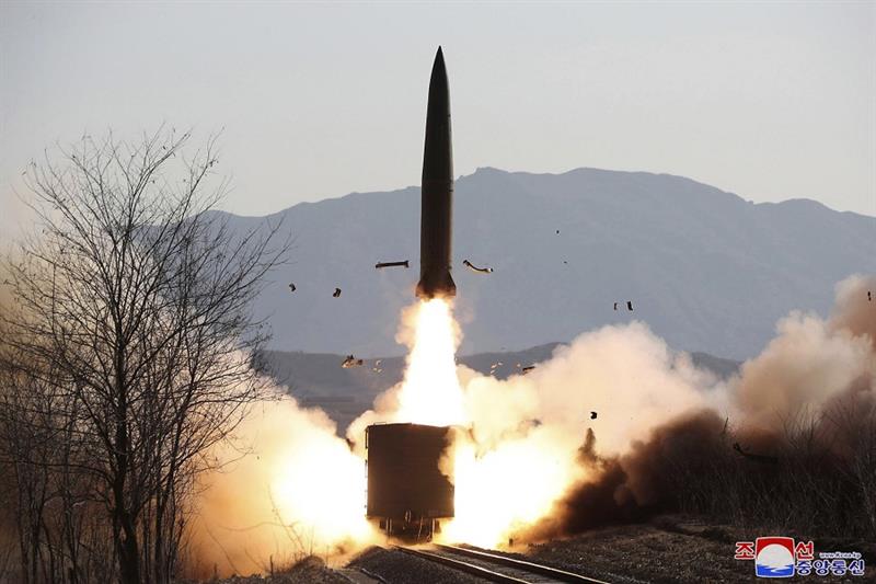 North Korean government shows a missile test from railway in North Pyongan Province