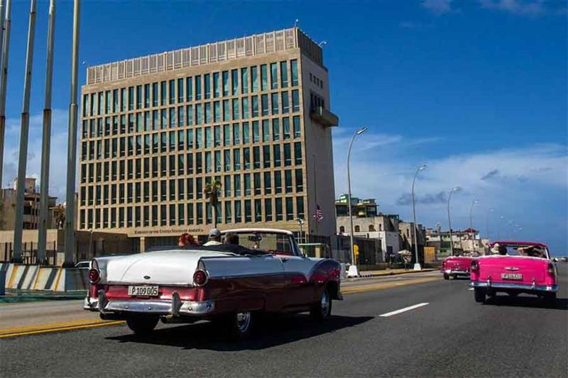 Tourists ride classic convertible cars on the Malecon beside the United States Embassy in Havana, Cu
