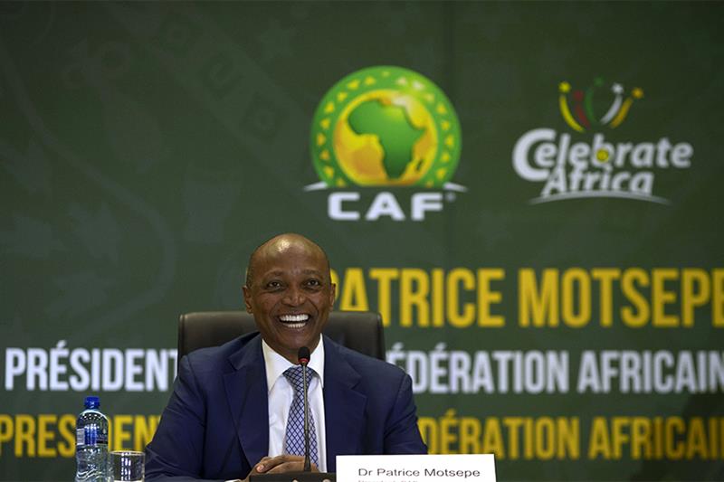 CAF President Patrice Motsepe smiles during a news conference in Johannesburg, South Africa, Tuesday