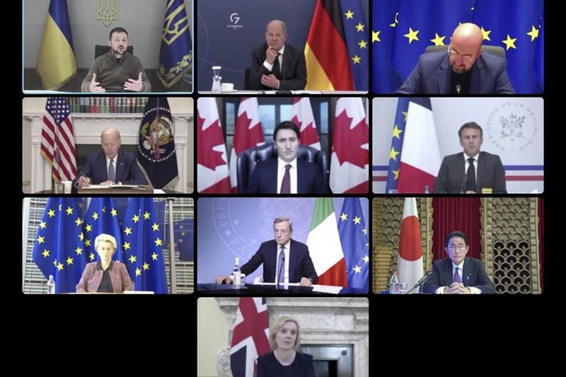 Volodymyr Zelenskyy attend a video conference with G7 leaders