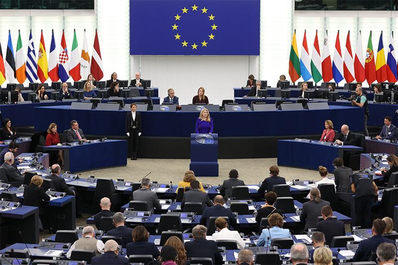 President of Slovakia Zuzana Caputova delivers her speech at the European Parliament, Wednesday, Oct