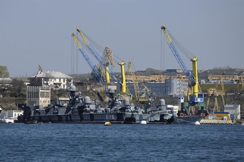 Russian Black Sea fleet ships are anchored in one of the bays of Sevastopol, Crimea, 
