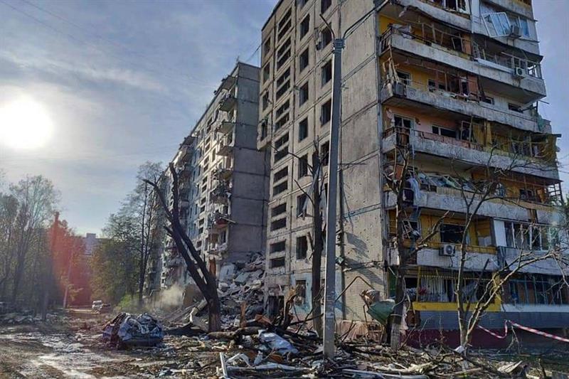 A residential building damaged after a strike in Zaporizhzhia, amid the Russian invasion of Ukraine.