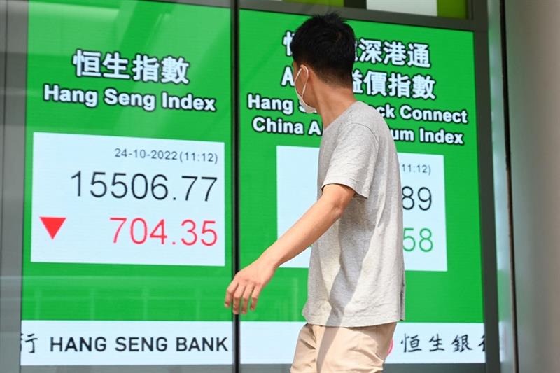 A pedestrian passes a sign showing the numbers for the Hang Seng Index in Hong Kong 