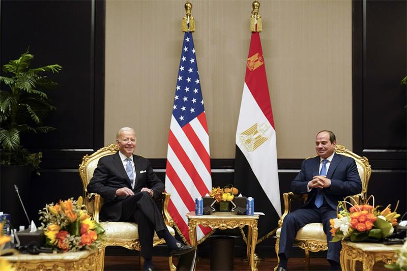 President Joe Biden speaks during a meeting with Egyptian President Abdel Fattah el-Sisi, at the COP