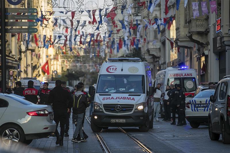 Security and ambulances at the scene after an explosion on Istanbul s popular pedestrian Istiklal Av