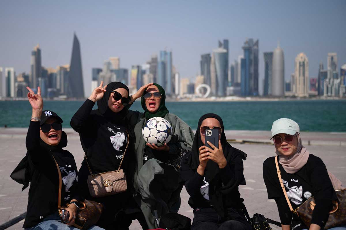 Qatar 2022 World Cup mascot and countdown clock on Doha waterfront