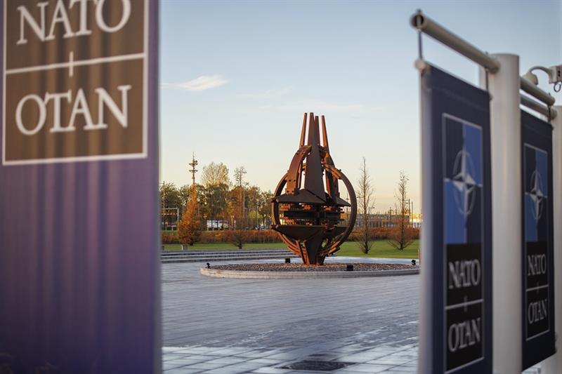 A sculpture is pictured outside the NATO headquarters, Wednesday, Nov. 16, 2022 in Brussels