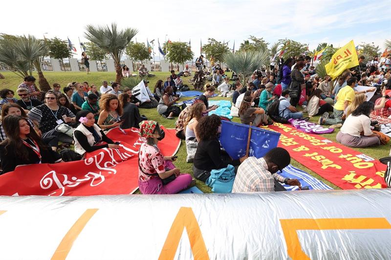 Climate activists demonstrate at the Sharm el-Sheikh International Convention Centre
