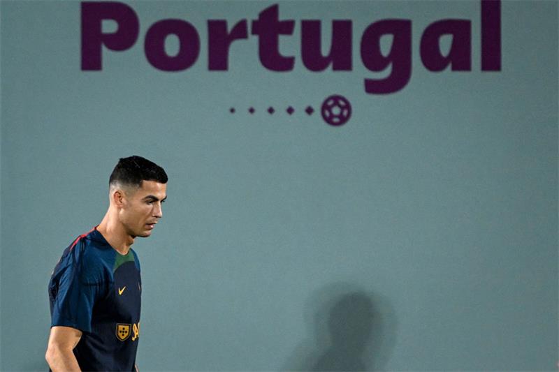 Portugal s forward Cristiano Ronaldo takes part in a training session at Shahaniya Sports Club in Al