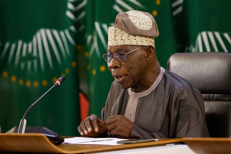 African Union Horn of Africa envoy and former Nigerian president Olusegun Obasanjo speaks during a p