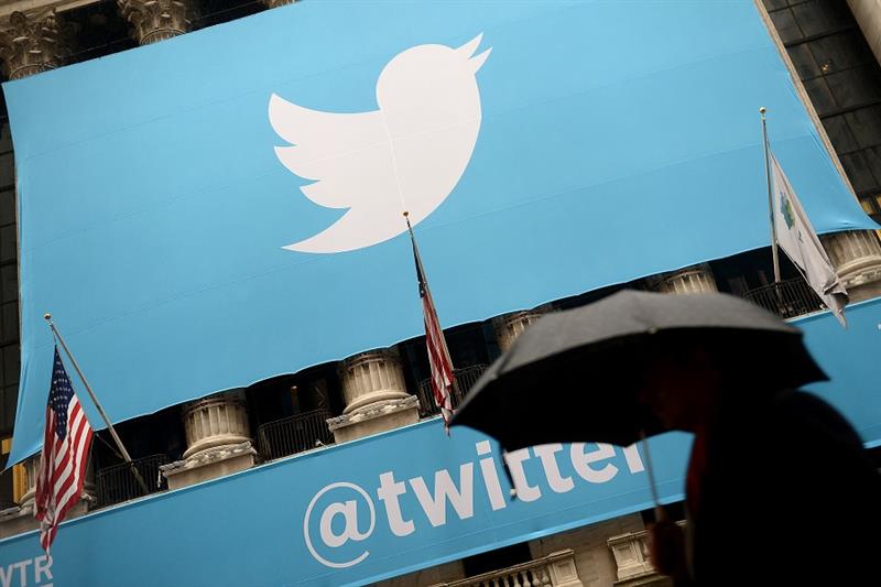 A banner with the Twitter logo at the New York Stock Exchange (NYSE)