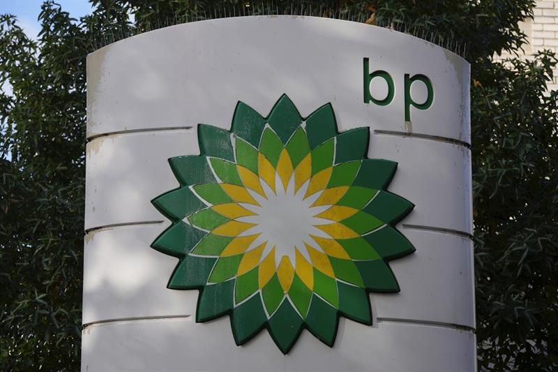 A logo of BP is seen at a gas station in London