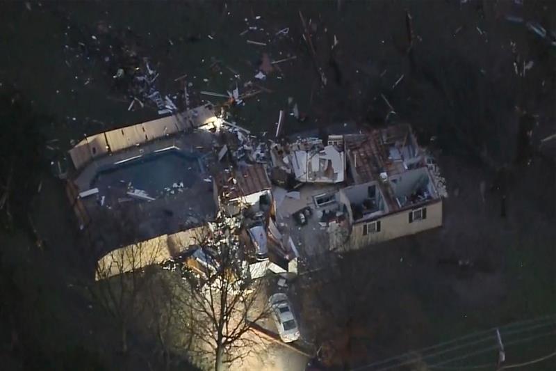 A structure is damaged after a tornado touched down in Wayne, Oklahoma 