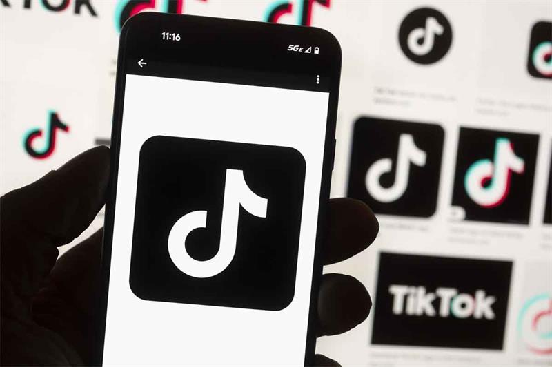 TikTok logo is seen on a cell phone. AP