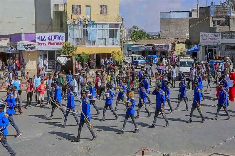 A police marching band plays at a street carnival organized by the Tigray Development Association in
