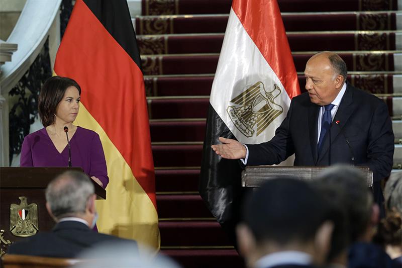 Egyptian counterpart Sameh Shoukry speaks during a press conference with his German counterpart Anna