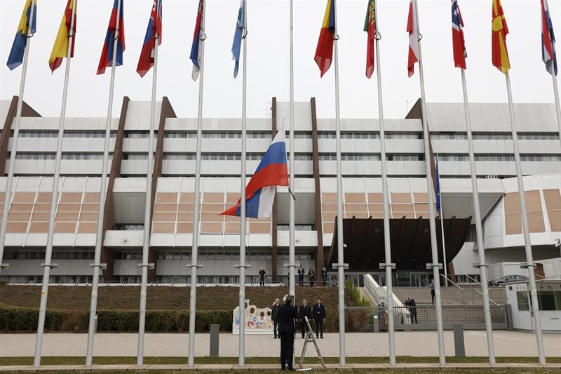 Russian flag is removed outside the Council of Europe building,