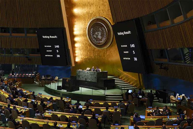 Screens display the results of a vote on a resolution regarding the war in Ukraine at United Nations